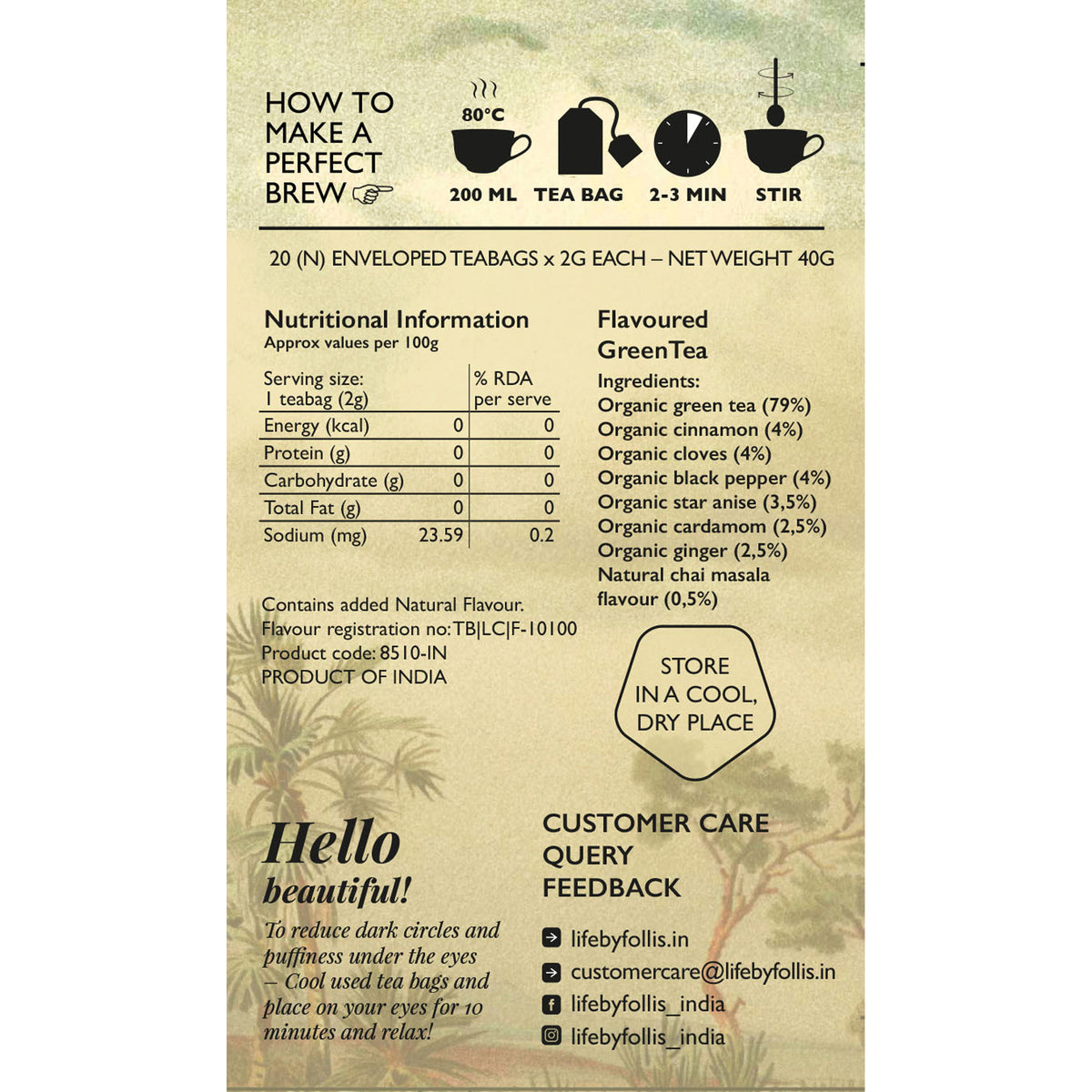 Masala Green Chai, Organic, 20 Tea Bags, 40g