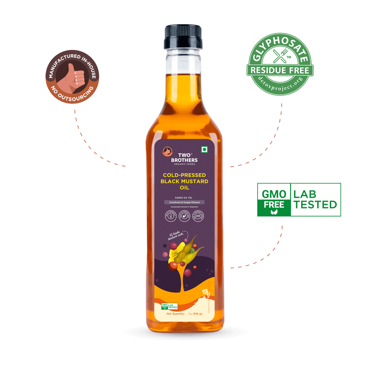 Two Brothers Organic Farms Mustard Oil/Sarso Ka Tel, 1L (Made using farm grown Mustard seeds, Cold-Pressed and Single-Filtered Oil for healthier Cooking, Kacchi Ghani, Natural and Unrefined)