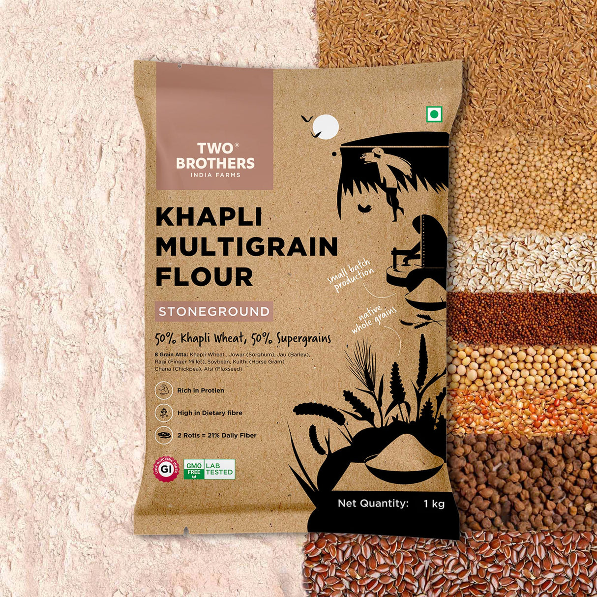 Khapli Multigrain Atta, 1kg (8 Super Grains Flour Mix, Diabetic Friendly, High Fibre & High Protein, Low GI Atta, Khapli, Jowar, Jau, Ragi, Soybean, Kulthi, Chana, Alsi)