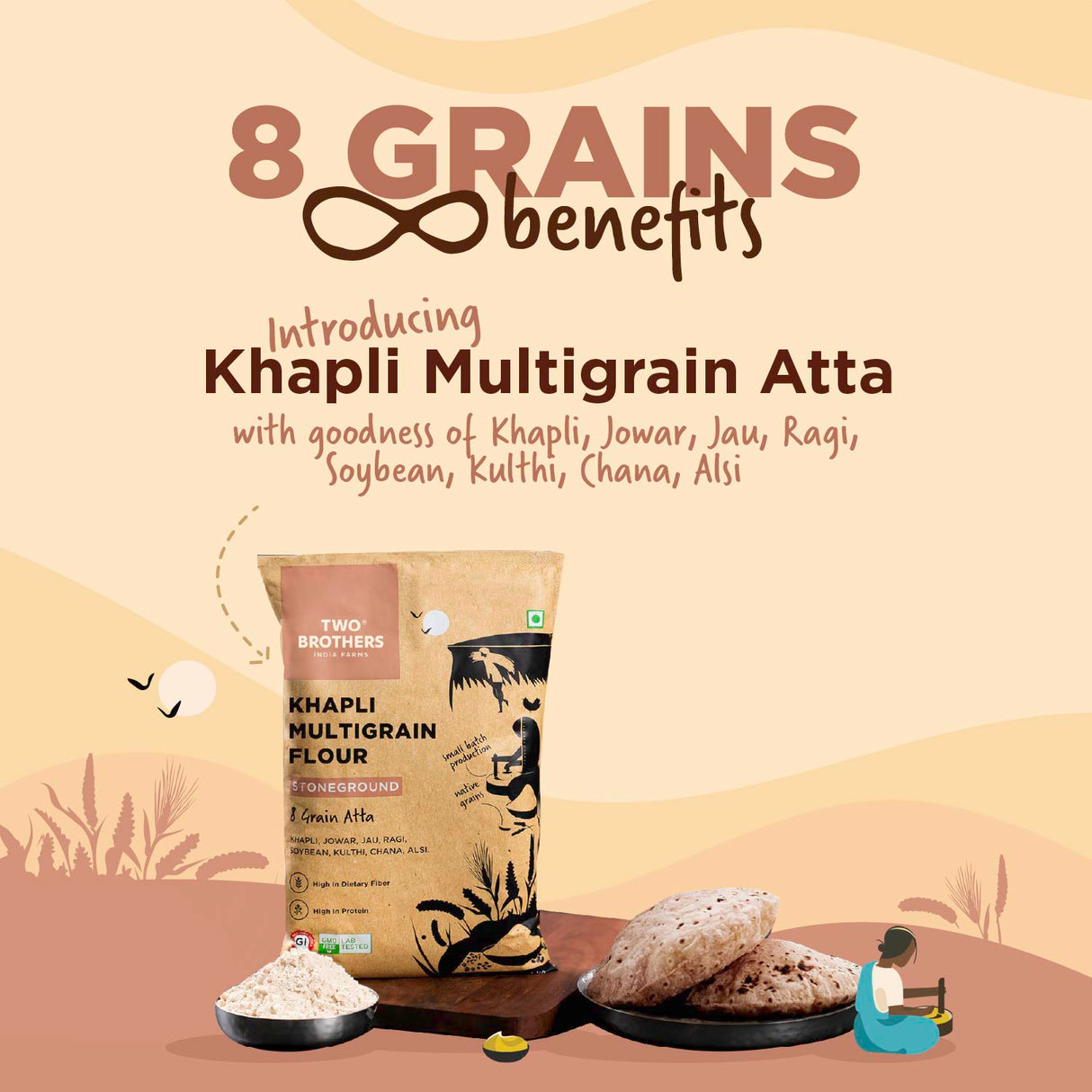 Khapli Multigrain Atta, 1kg (8 Super Grains Flour Mix, Diabetic Friendly, High Fibre & High Protein, Low GI Atta, Khapli, Jowar, Jau, Ragi, Soybean, Kulthi, Chana, Alsi)