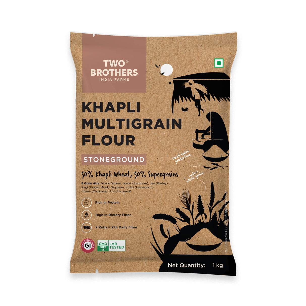 Khapli Multigrain Atta, 1kg (8 Super Grains Flour Mix, Diabetic Friendly, High Fibre & High Protein, Low GI Atta, Khapli, Jowar, Jau, Ragi, Soybean, Kulthi, Chana, Alsi)