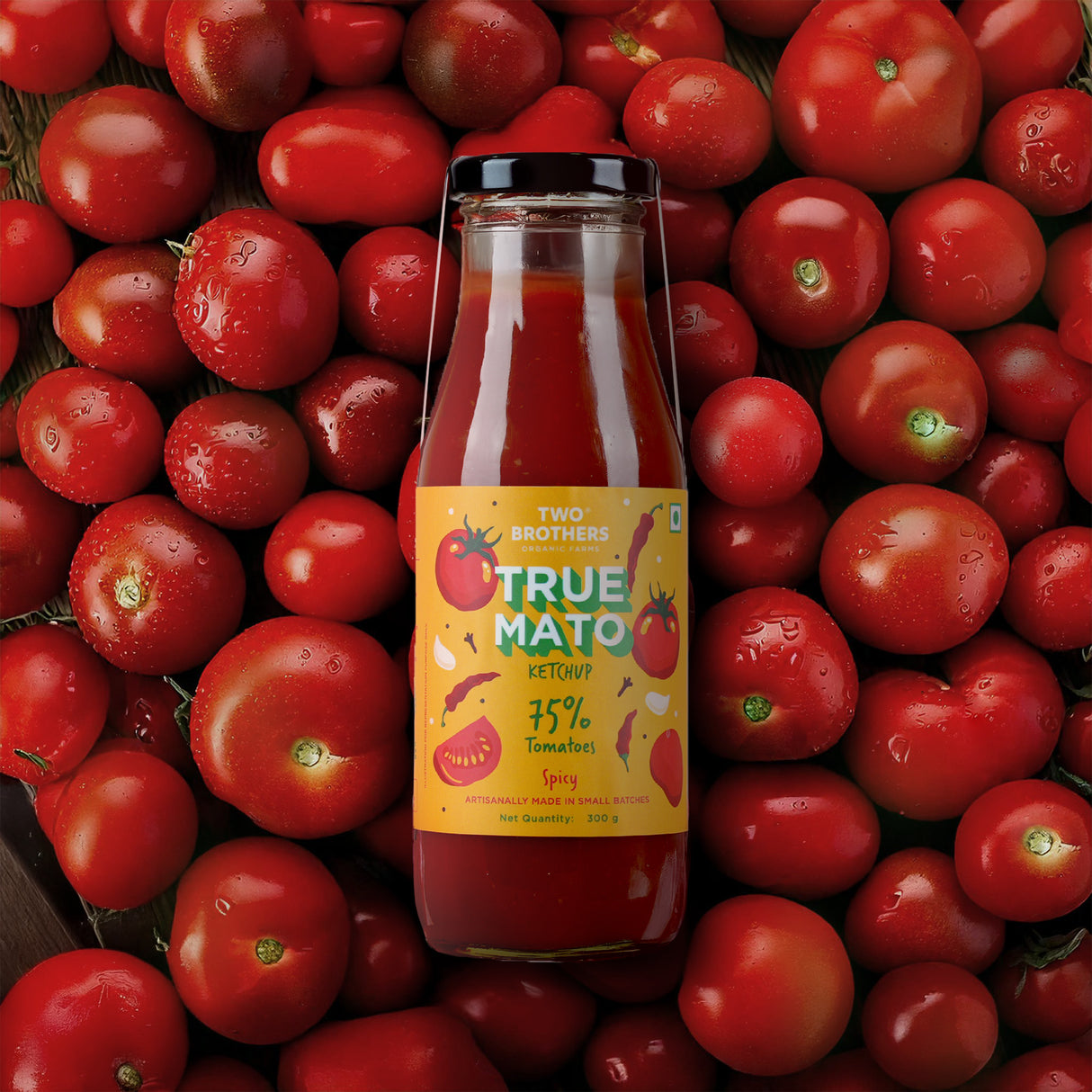 Two Brothers Organic Farms Truemato Ketchup - Spicy Tomato Ketchup 300g (Naturally Made with 75% Fresh Tomatoes, No Refined Sugar)