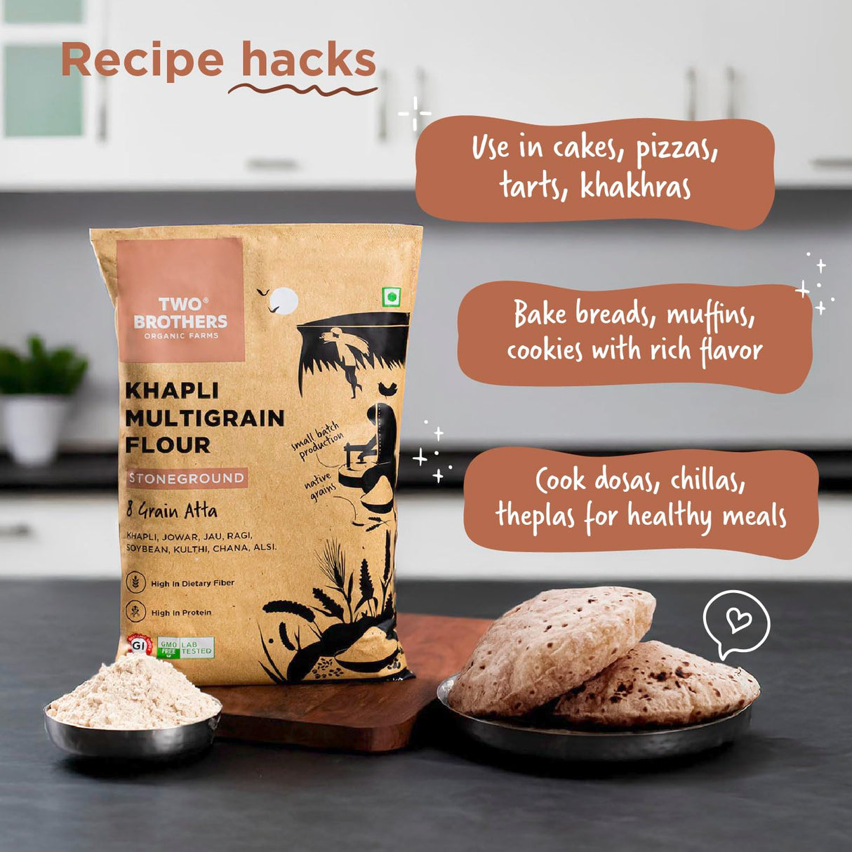 Two Brothers Organic Farms Khapli Multigrain Atta, 1kg (8 Super Grains Flour Mix, Diabetic Friendly, High Fibre & High Protein, Low GI Atta, Khapli, Jowar, Jau, Ragi, Soybean, Kulthi, Chana, Alsi)