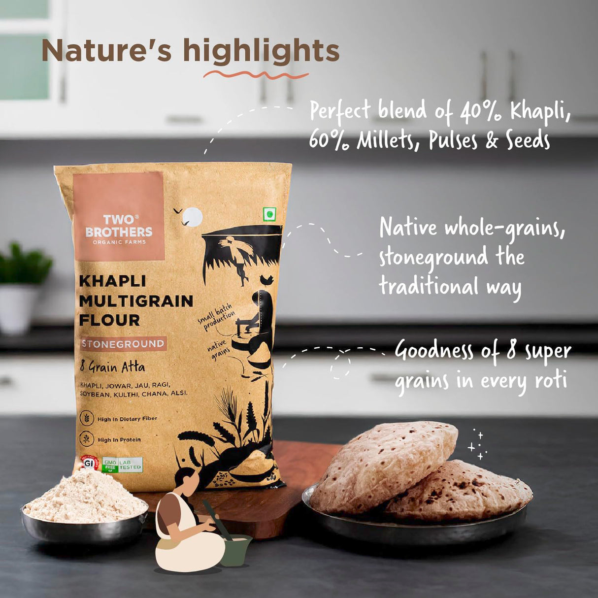 Two Brothers Organic Farms Khapli Multigrain Atta, 1kg (8 Super Grains Flour Mix, Diabetic Friendly, High Fibre & High Protein, Low GI Atta, Khapli, Jowar, Jau, Ragi, Soybean, Kulthi, Chana, Alsi)
