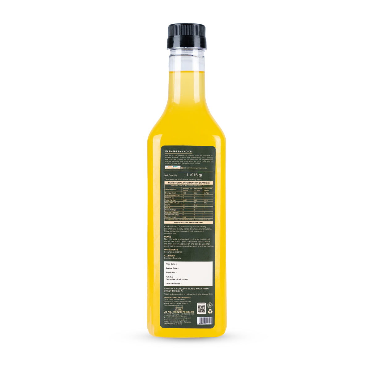 Two Brothers Organic Farms Groundnut Oil, 1L (Cold Pressed Kacchi Ghani, Unrefined, Single-Filtered, Natural Shengdana Oil for Cooking & Frying, Rich Nutty Aroma, Mungfali Tel)