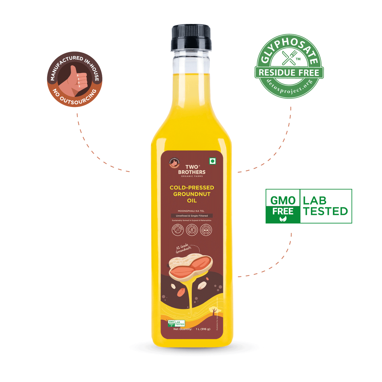 Two Brothers Organic Farms Groundnut Oil, 1L (Cold Pressed Kacchi Ghani, Unrefined, Single-Filtered, Natural Shengdana Oil for Cooking & Frying, Rich Nutty Aroma, Mungfali Tel)