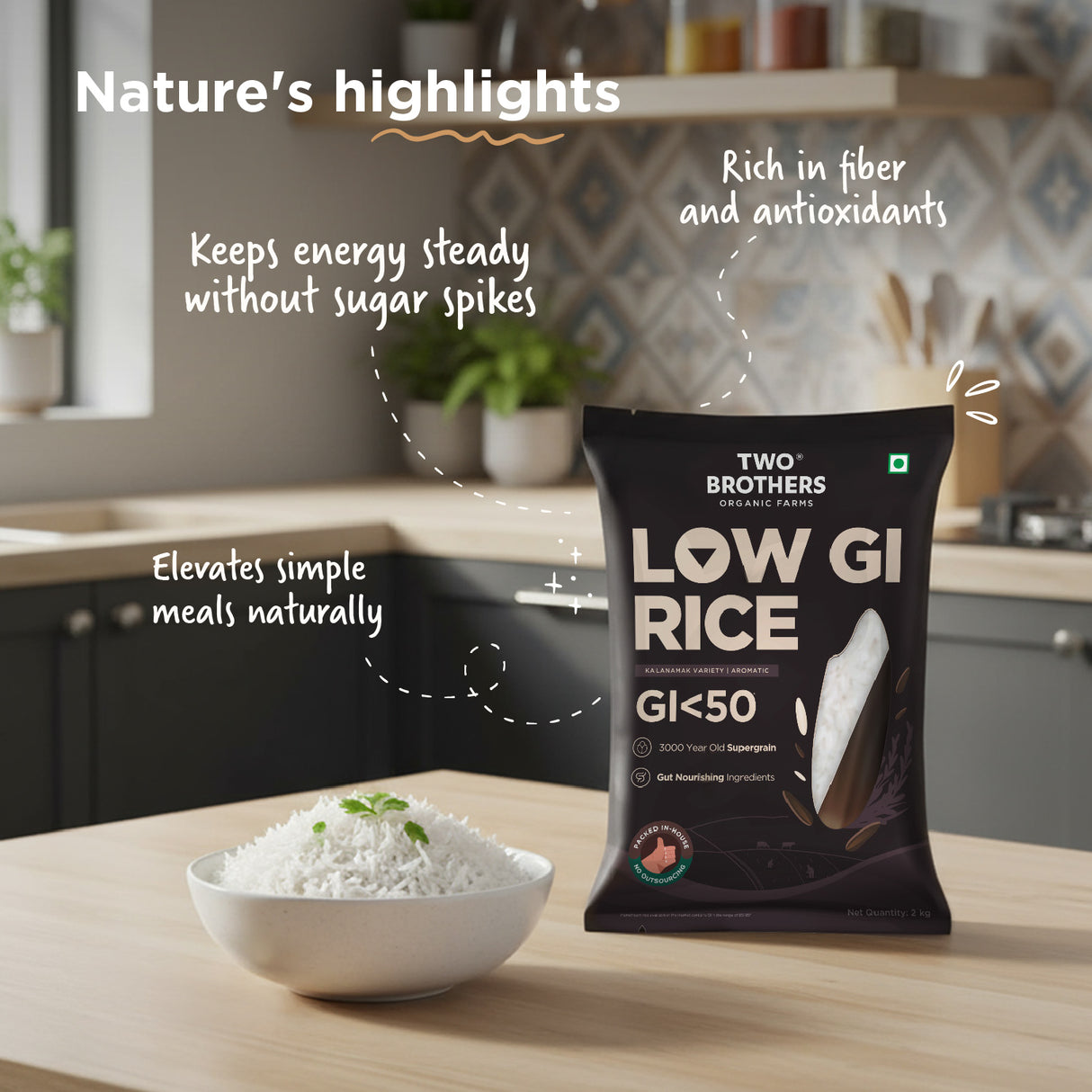 Two Brothers Organic Farms Kalanamak Rice, 1kg (Low GI, Diabetic-Friendly Native Aromatic Rice, Rich in Iron & Zinc, Gut Nourishing, Perfect for Pulao, Biryani & Curries)