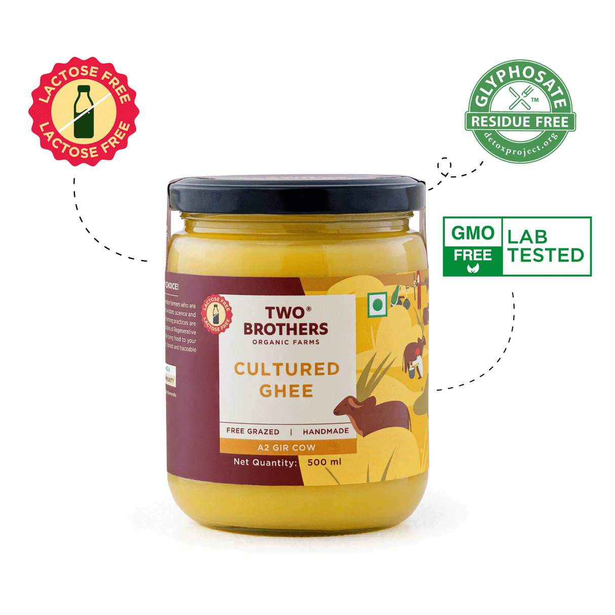 Two Brothers Organic Farms A2 Ghee, 500ml (Free-grazed, Grass-fed Desi Gir Cows, Traditional Bilona Method, Pure, Natural and Healthy Ghee, Farm-Made A2 Cow Ghee with Probiotics for Gut Health)