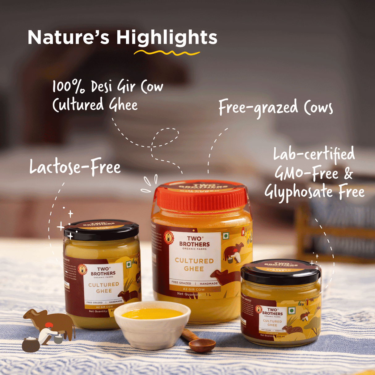 Two Brothers Organic Farms A2 Ghee, 500ml (Free-grazed, Grass-fed Desi Gir Cows, Traditional Bilona Method, Pure, Natural and Healthy Ghee, Farm-Made A2 Cow Ghee with Probiotics for Gut Health)
