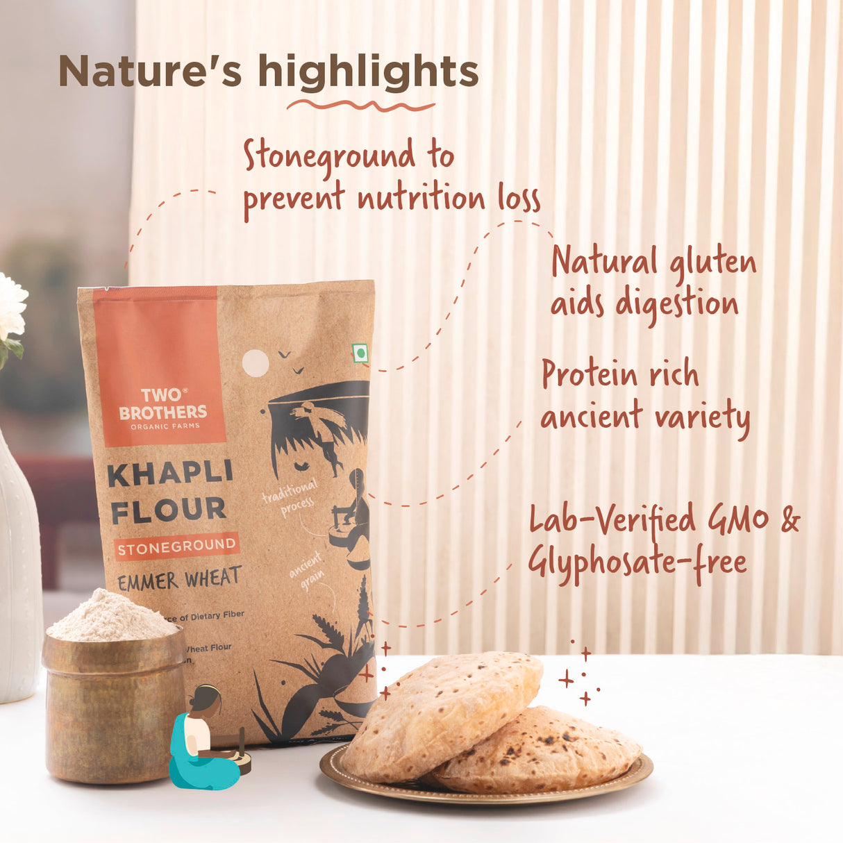 Two Brothers Organic Farms Khapli Wheat Flour,2kg (High Dietary Fiber for Easy Digestion, Stoneground Emmer Wheat Flour, Khapli Atta)