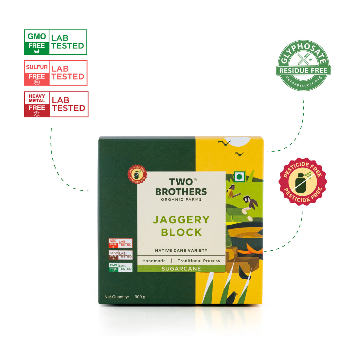 Two Brothers Organic Farms Handmade Sugarcane Jaggery Block, 900g (Unrefined, Preservative-Free, Nutrient-Rich Gud, Iron-Boosting, Healthy Sugar Substitutes)