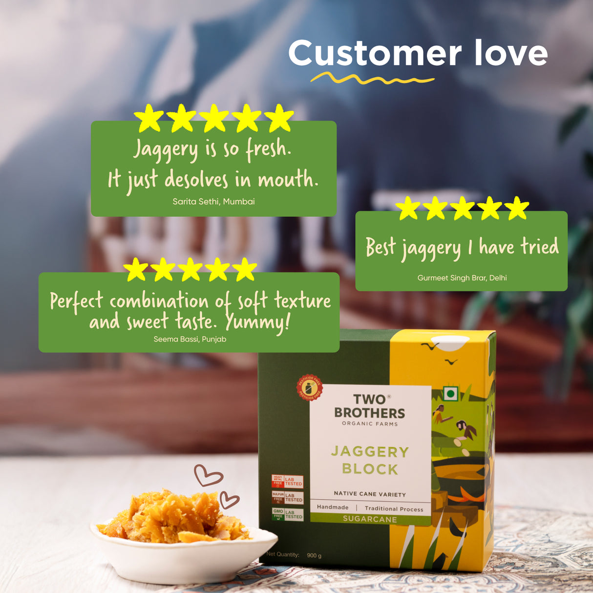 Two Brothers Organic Farms Handmade Sugarcane Jaggery Block, 900g (Unrefined, Preservative-Free, Nutrient-Rich Gud, Iron-Boosting, Healthy Sugar Substitutes)