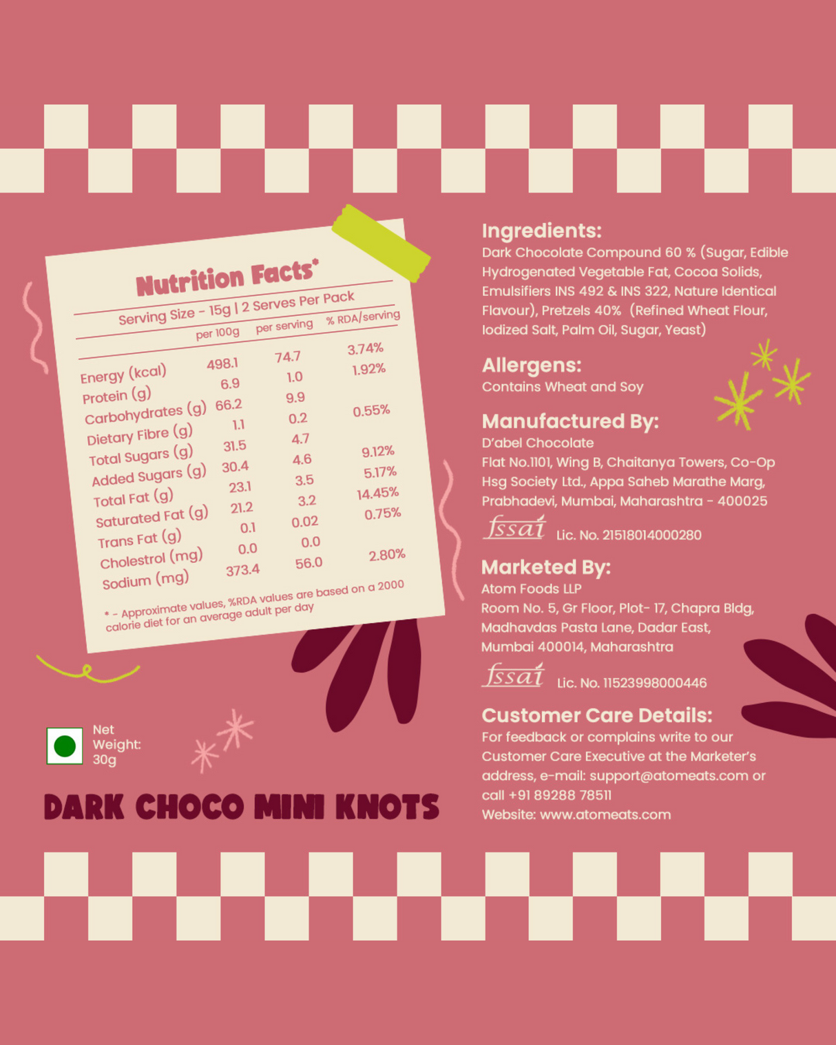 Atom Eats Dark Chocolate Dipped Pretzels, 30g