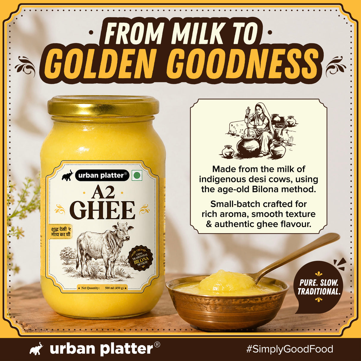 A2 Ghee, 500ml (Curd-Churned Bilona Desi Ghee for Cooking, Tadka & Daily Meals | Made from A2 Cow Milk)