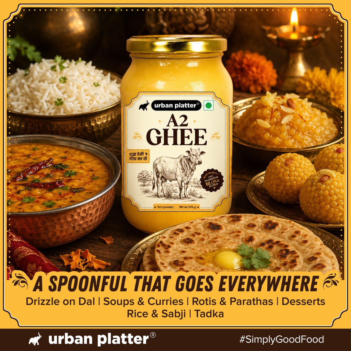 A2 Ghee, 500ml (Curd-Churned Bilona Desi Ghee for Cooking, Tadka & Daily Meals | Made from A2 Cow Milk)