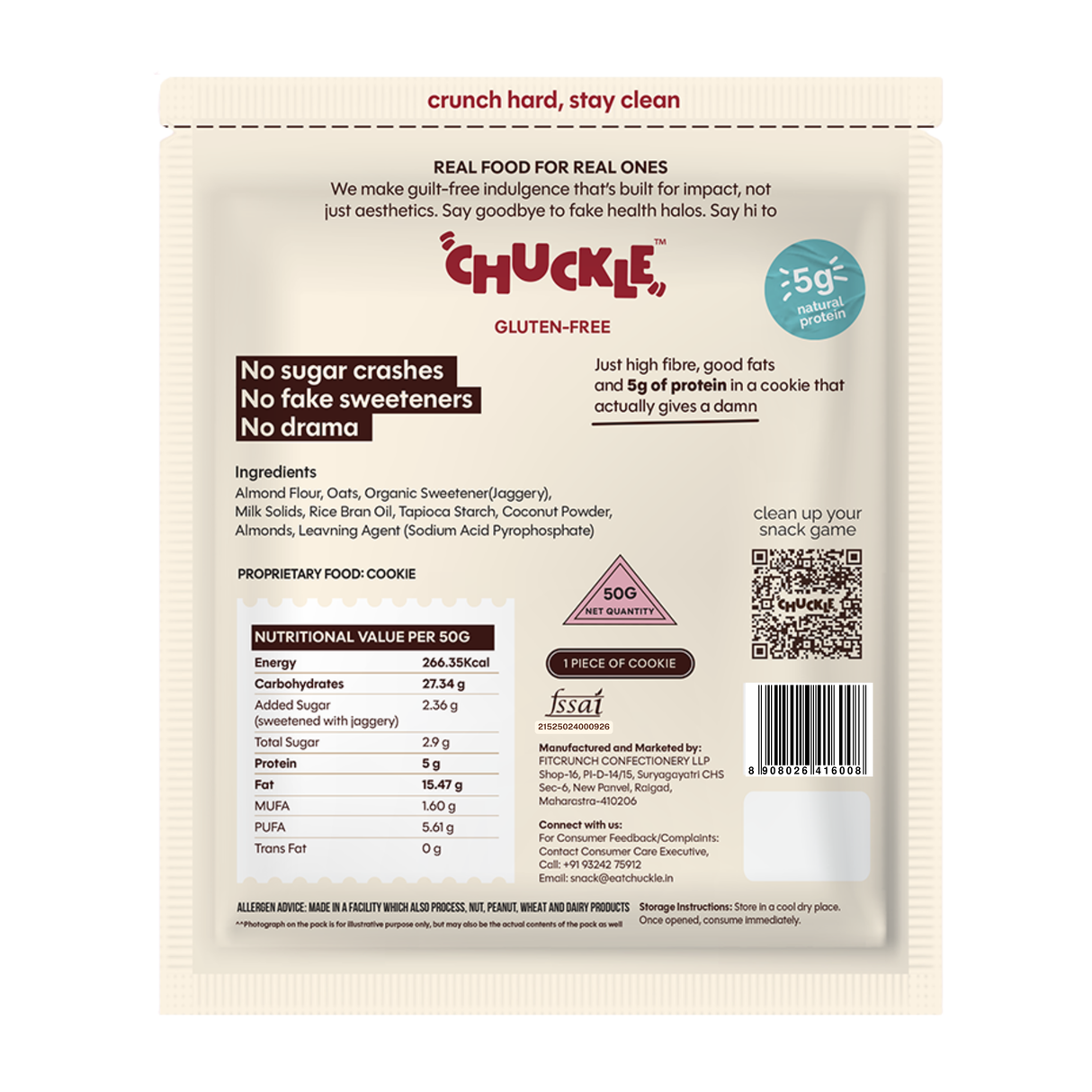 Chuckle Almond Grit Cookie,50g (Almond, Gluten-Free, No Palm Oil) - back packaging