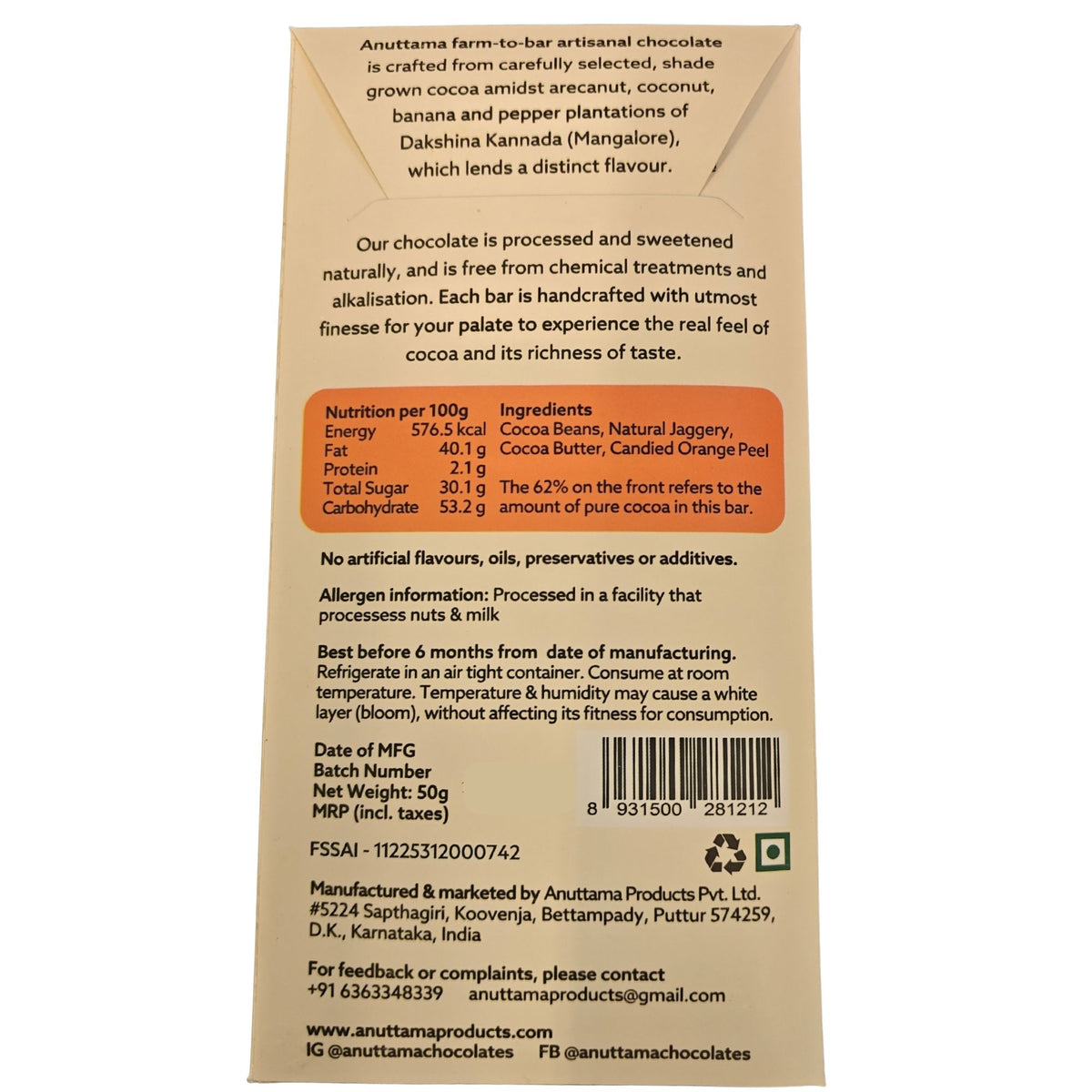 62% Candied Orange Dark Chocolate,50g (Cocoa with Citrus Peel & Jaggery)