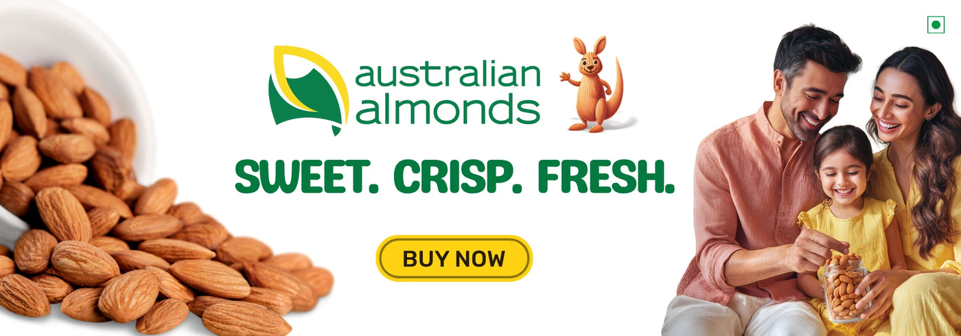 Advertisement for Australian Almonds with a family and almonds on a white background