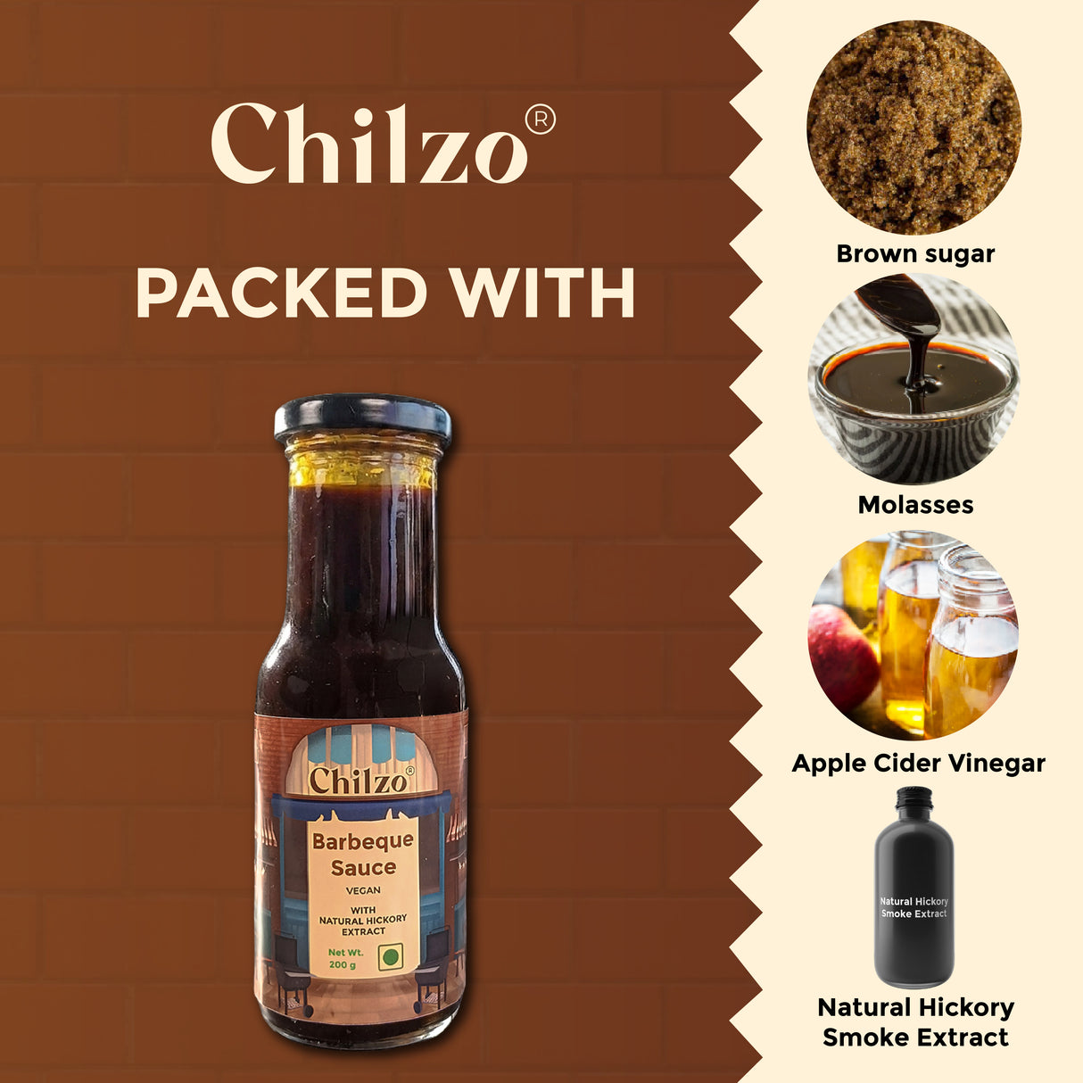 Chilzo Hickory Barbecue Sauce,200g (Classic Smoky BBQ Sauce, No Added Colors or Flavours, Natural Hickory Smoke)