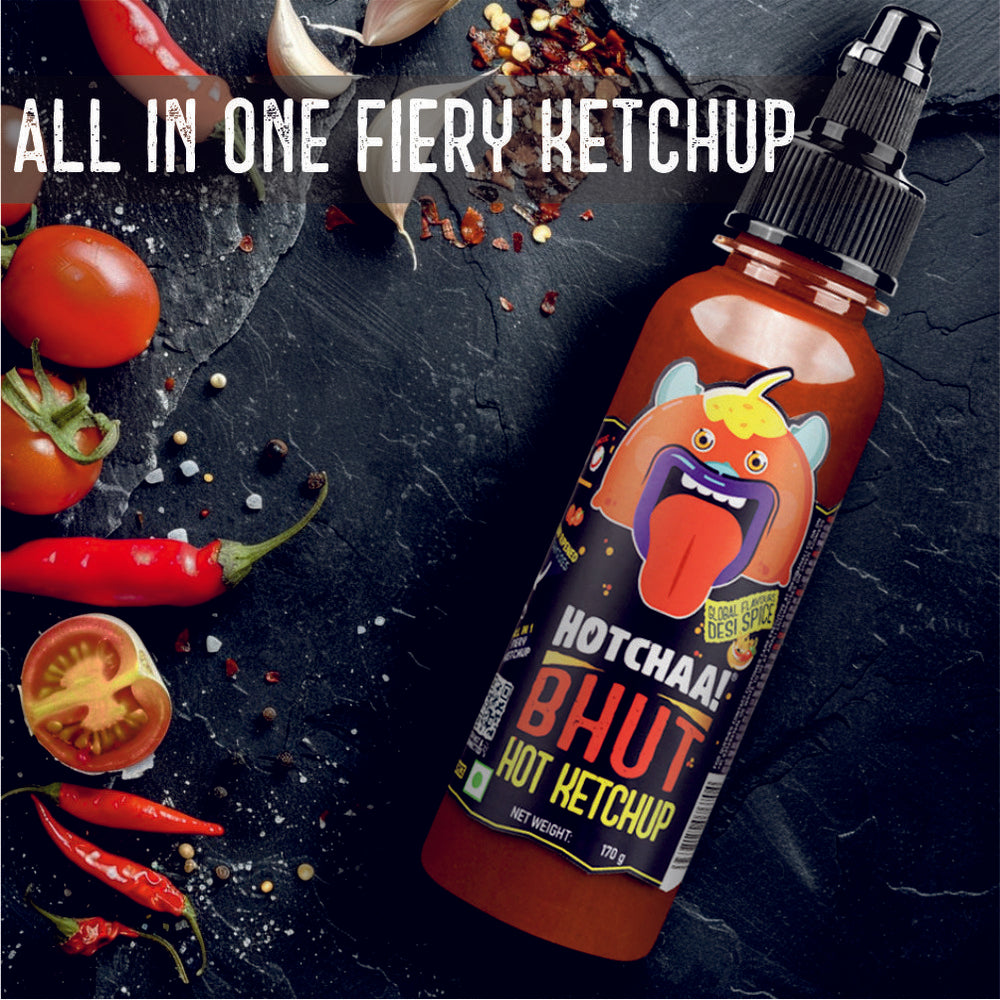 Hotchaa! Bhut Hot Ketchup, 170g (Made with Global Flavours & Desi Spice, NO MSG, Made with Bhut Jalokia, Smoky, Bold, Tangy, All in 1, Flavourful, )