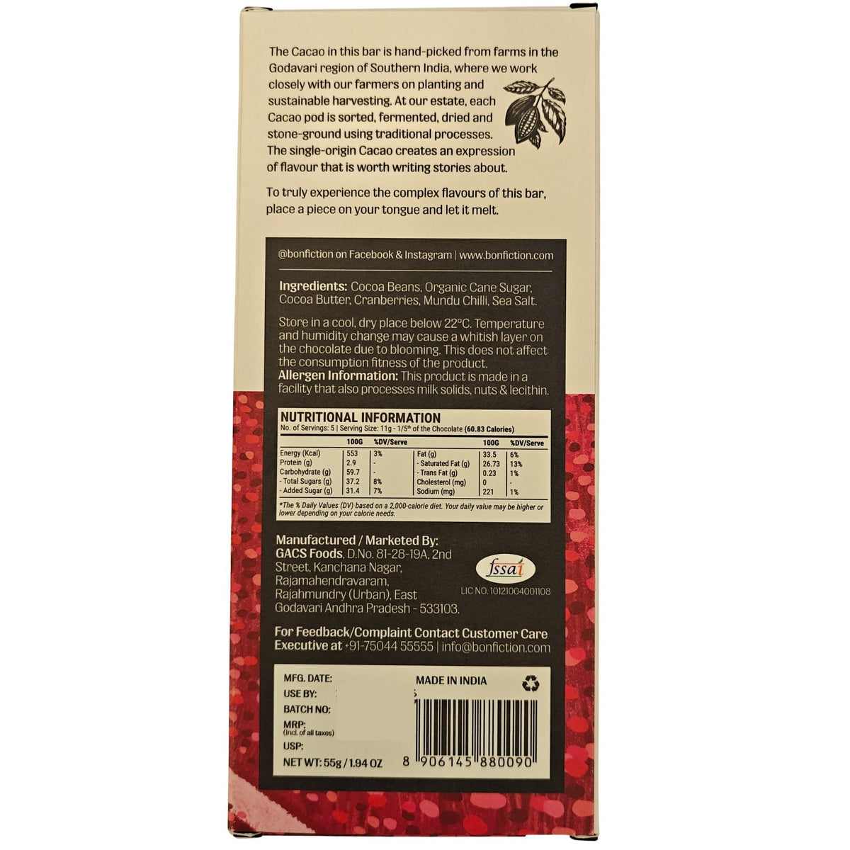 The Cranberry Chilli Chase,55g (64% Dark Chocolate with Cranberry & Chilli, Sweet Spicy Craft Chocolate, Gourmet Chocolate Bar)