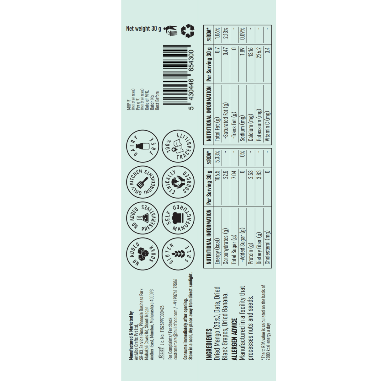 HULLO The Only Fruit Bar - Mango, 180g (6x30g) - back packaging