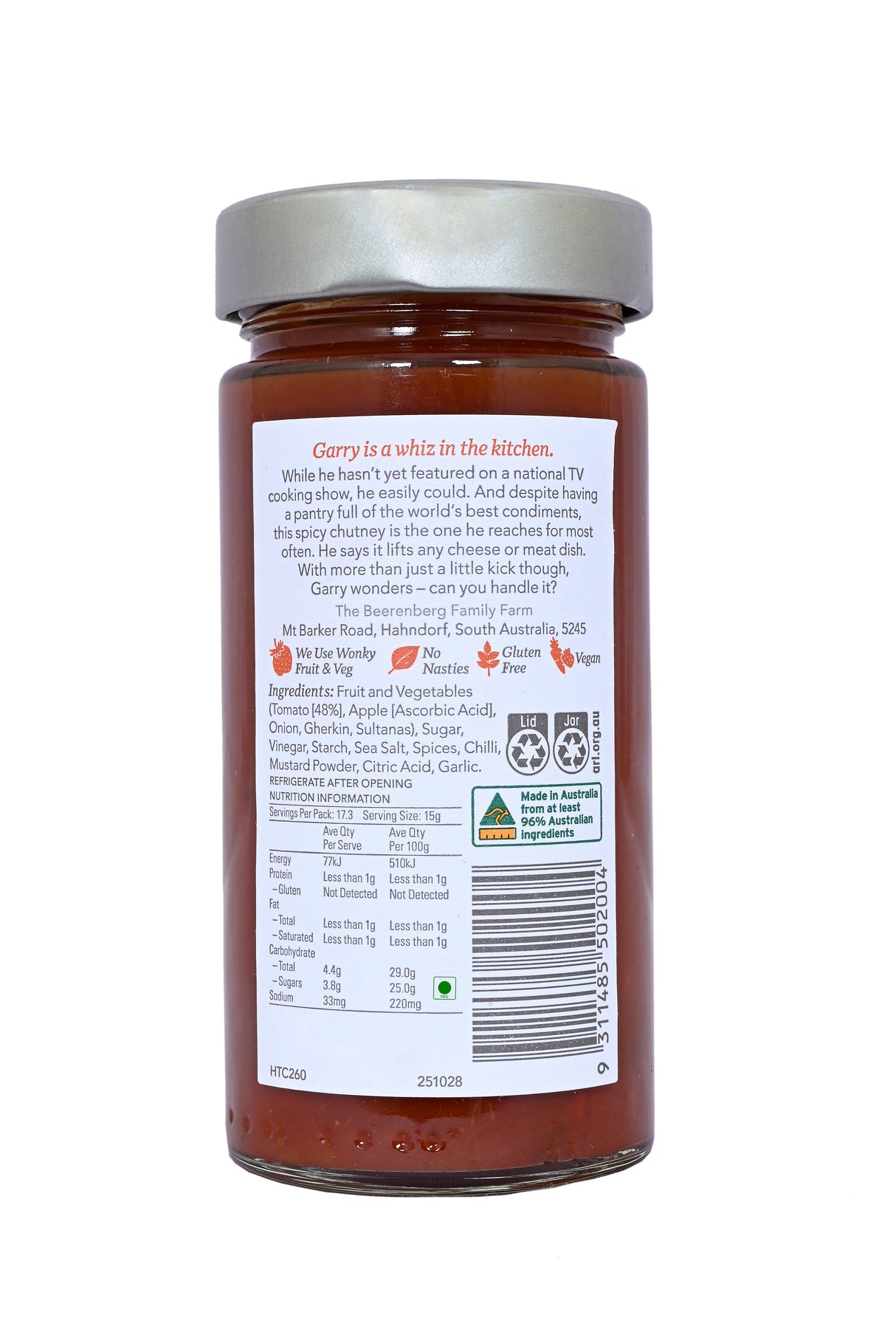 Beerenberg Hot Tomato Chutney, 260g (Spicy Australian Tomato Chutney with Chilli & Spices)