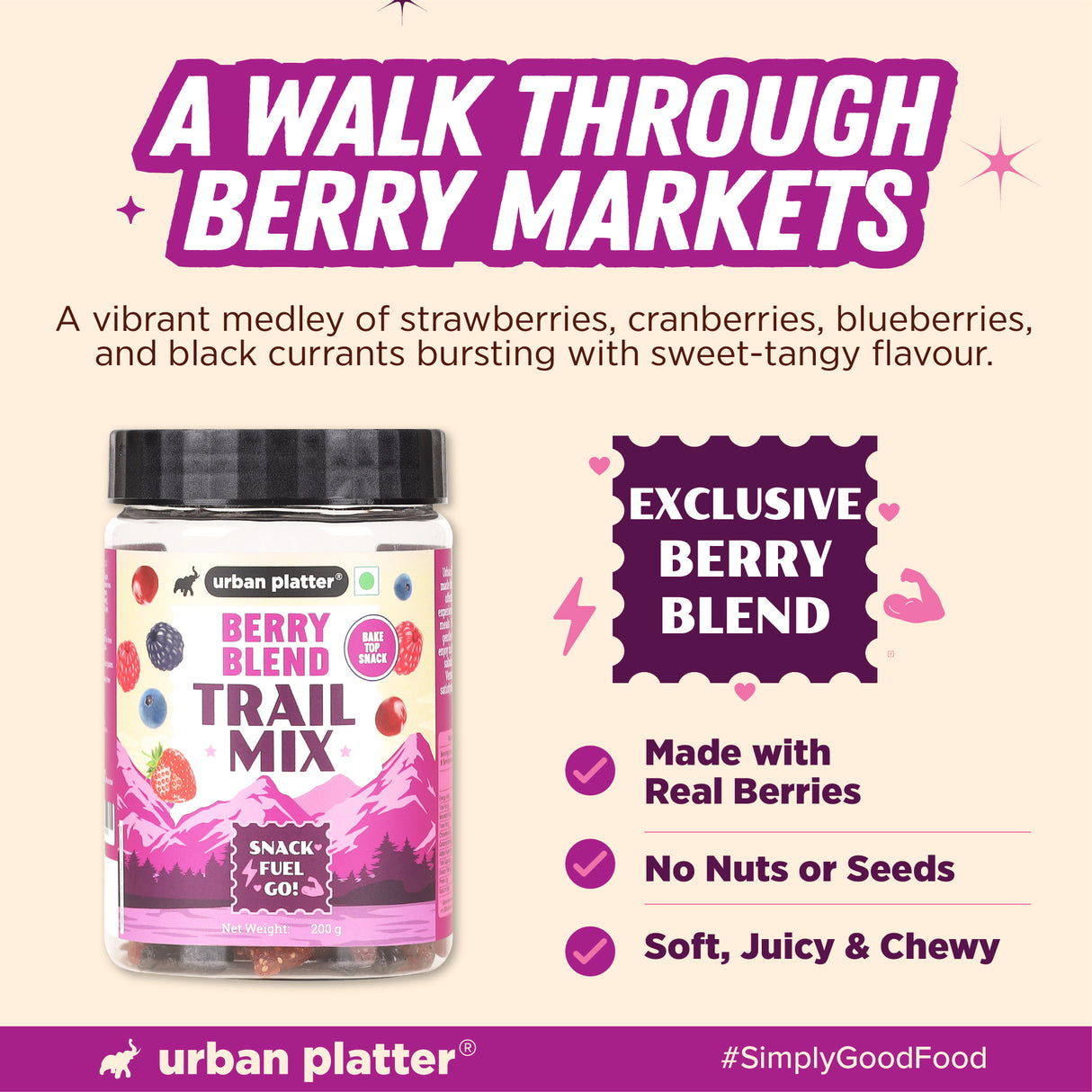 Urban Platter Berry Blend Trail Mix, 200g (Dried Berry Snack Mix with Cranberries, Blueberries & More | Sweet & Tangy Travel-Friendly Snack)