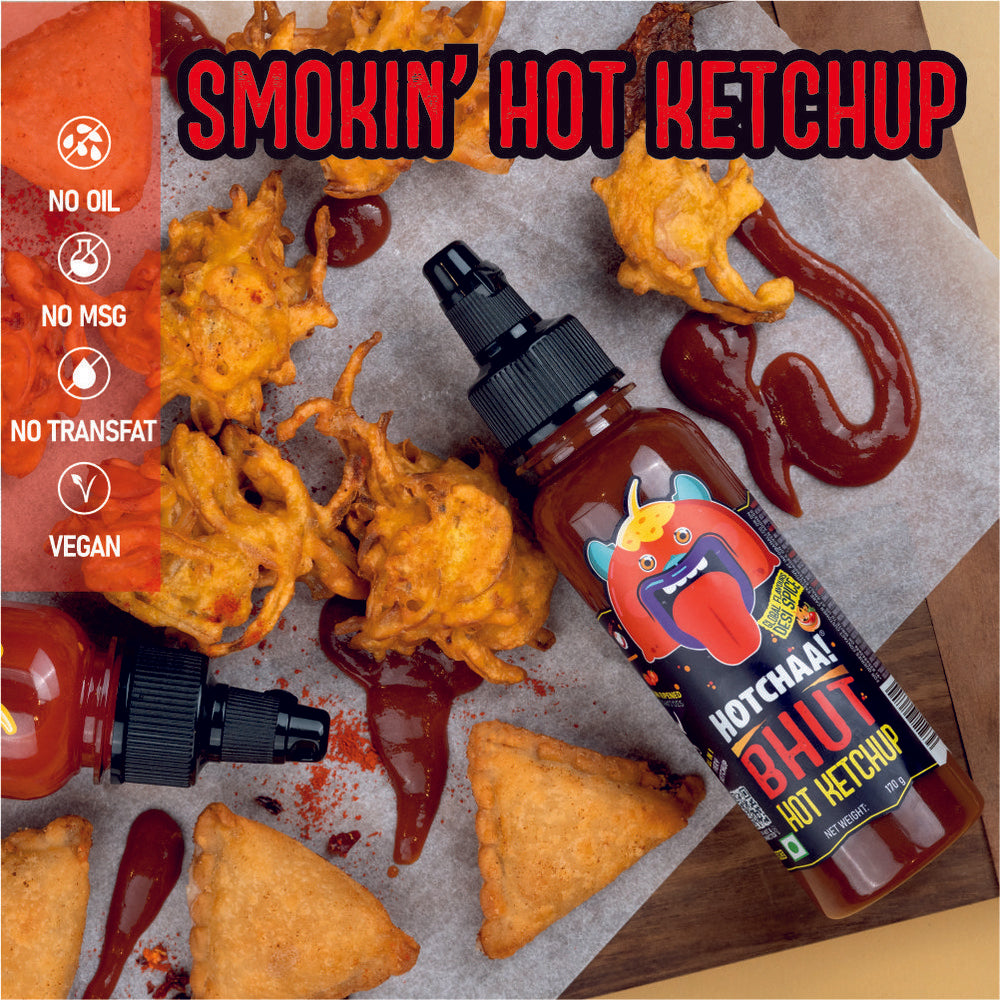 Hotchaa! Bhut Hot Ketchup, 170g (Made with Global Flavours & Desi Spice, NO MSG, Made with Bhut Jalokia, Smoky, Bold, Tangy, All in 1, Flavourful, )