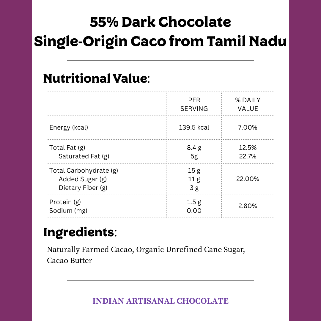55% Dark Chocolate - Classic Tamil Nadu, 50g (Single-Origin Bean-to-Bar Chocolate | Made with Ethically Sourced Indian Cacao)