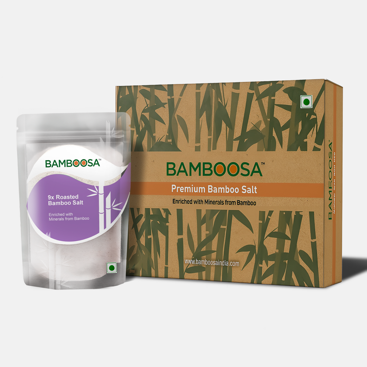 Bamboosa 9x Bamboo Roasted Salt, 500g (Mineral-Rich, Alkaline Salt for Cooking & Health) - front pack