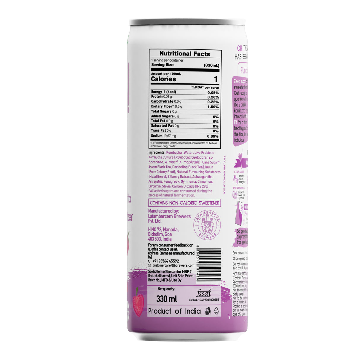 Borécha Oh! Berry Margarita Zero Sugar Prebiotic Kombucha Seltzer, 330ml