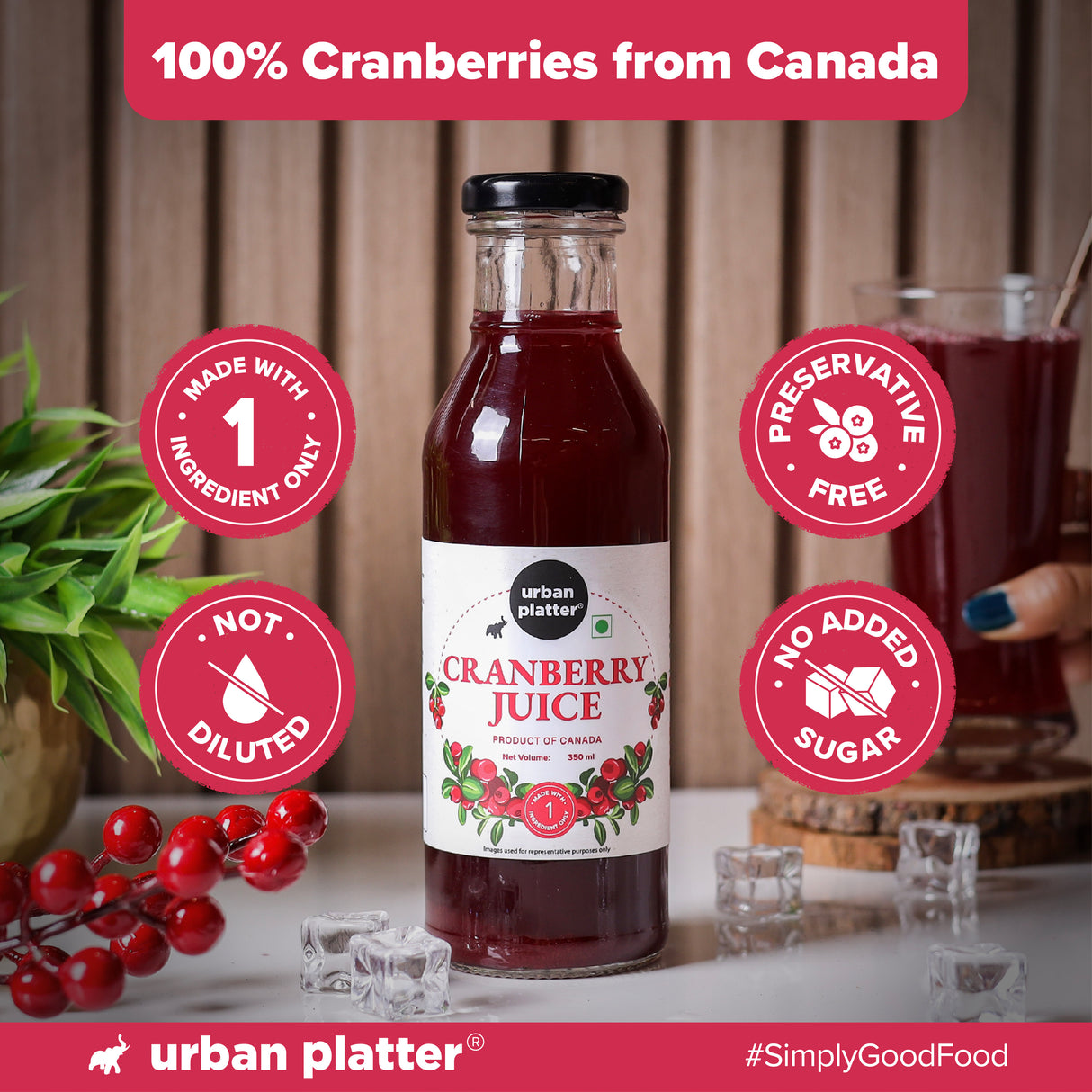 Urban Platter 100% Canadian Cranberry Juice, 350ml | No Added Sugar, Preservative-Free | Antioxidant-Rich, Supports UTI Health | Ideal for Cocktails & Mocktails