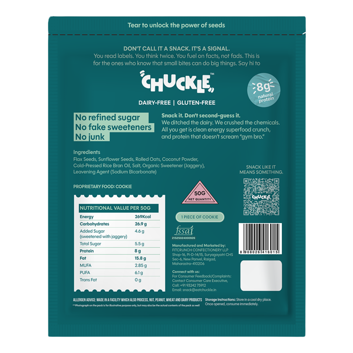 Chuckle Clean Seed Cookie,50g (Mixed Seeds, Gluten-Free, Vegan, No Palm Oil) - back packaging