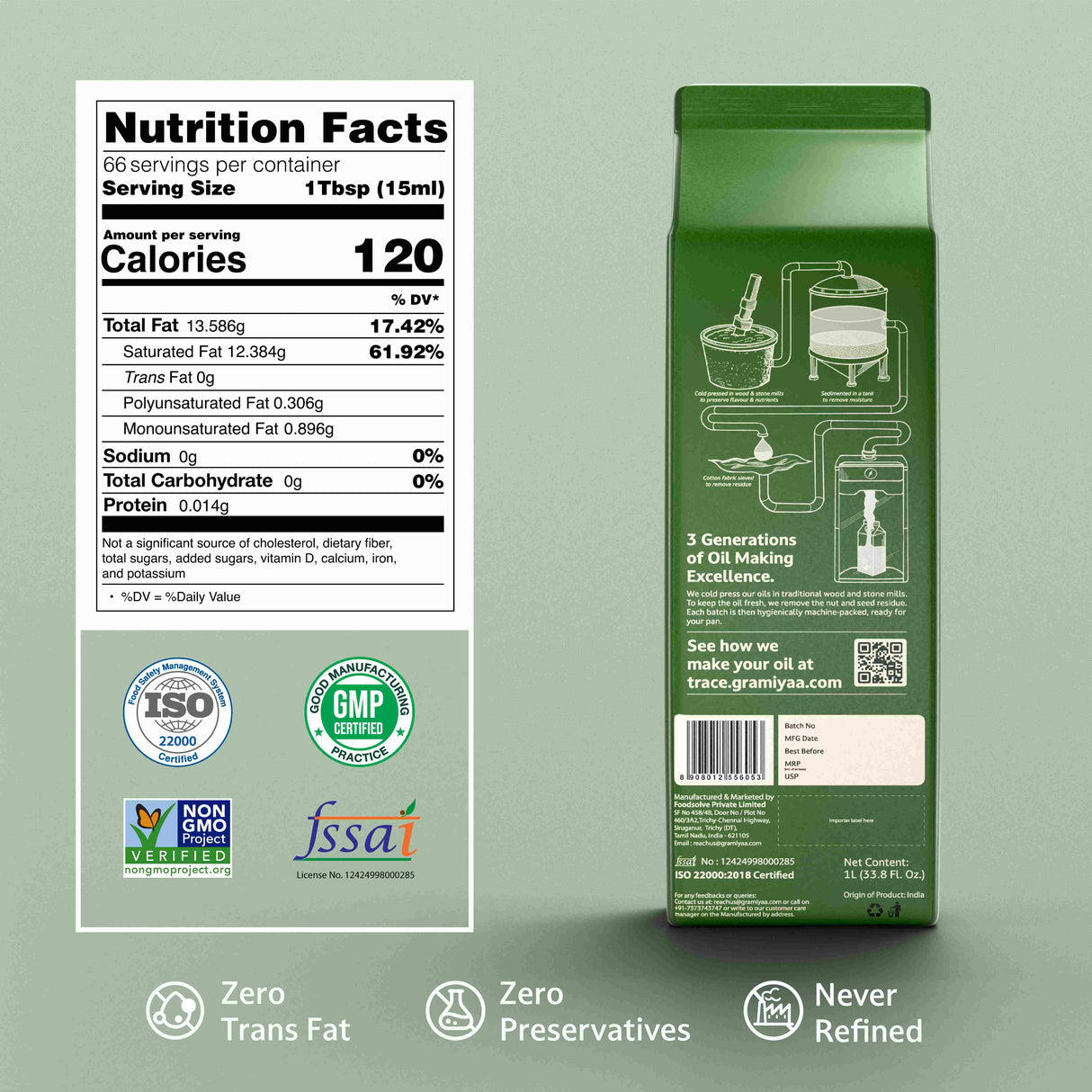 Gramiyaa Coconut Oil - Wood Cold Pressed Oil 1L