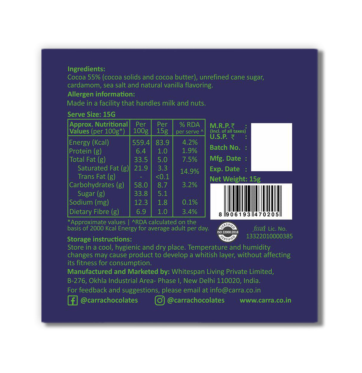 Carra Miniature Chocolate Bars, 120g - Gifting box of 8 combo bars (8x15gm)