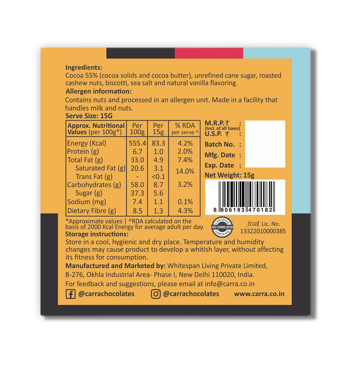 Carra Miniature Chocolate Bars, 120g - Gifting box of 8 combo bars (8x15gm)