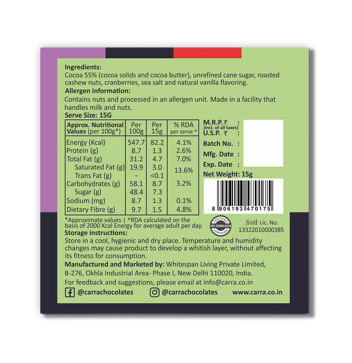 Carra Miniature Chocolate Bars, 120g - Gifting box of 8 combo bars (8x15gm)