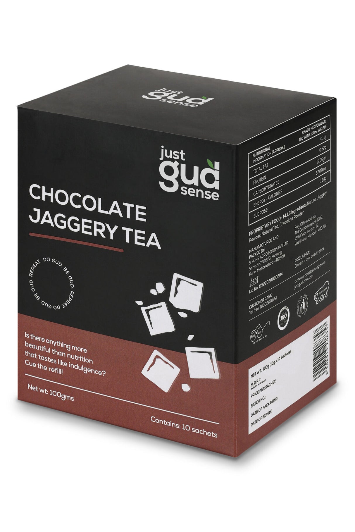 Just Gud Sense Chocolate Jaggery Tea Premix, 100g (10 sachets of 10 grams each)