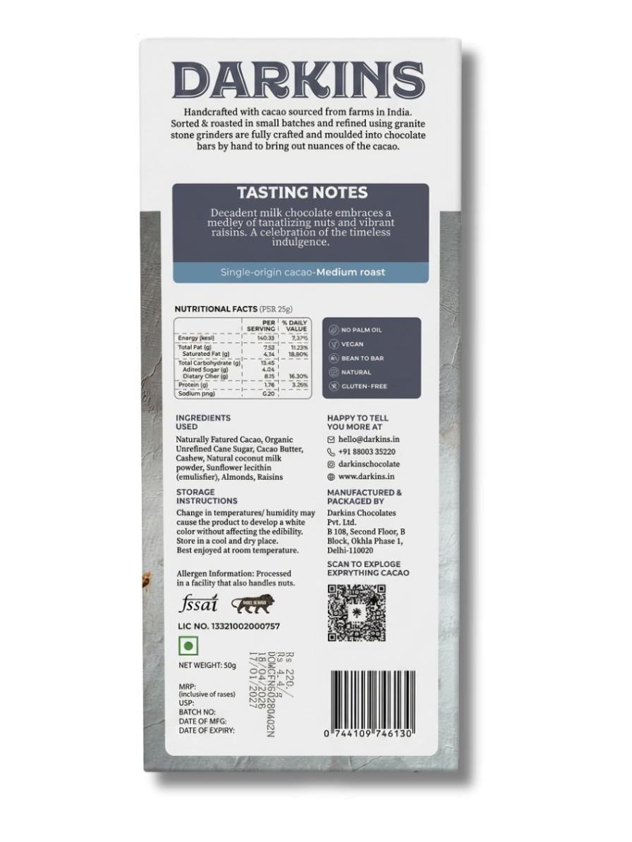 Fruit & Nuts Vegan Milk Chocolate Bar, 50g (Dairy-Free Plant-Based Chocolate with Roasted Nuts & Raisins | Made with Ethically Sourced Indian Cacao)
