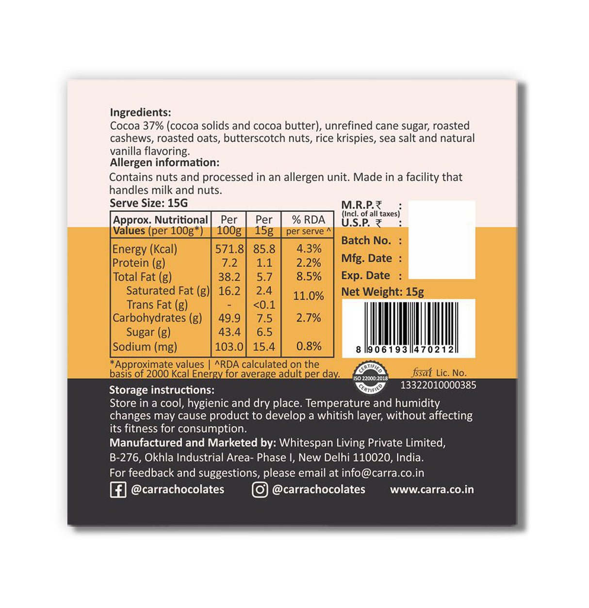 Carra Miniature Chocolate Bars, 120g - Gifting box of 8 combo bars (8x15gm)