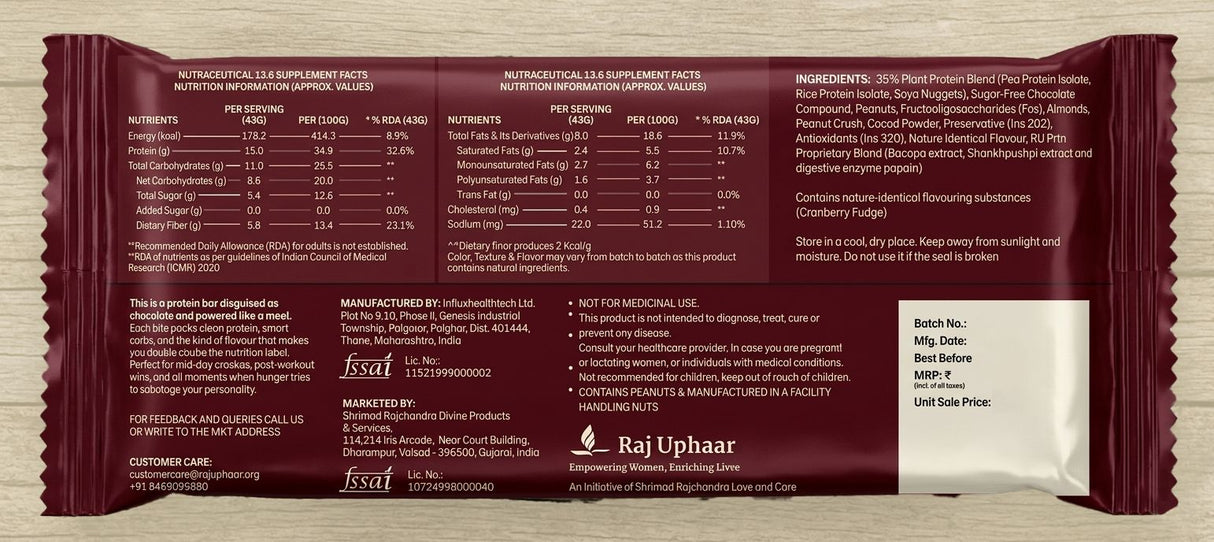 RU Prtn Cranberry Fudge Protein Bars,15g (Pack of 6, High Fiber, No Added Sugar, Sweet & Tangy Snack)