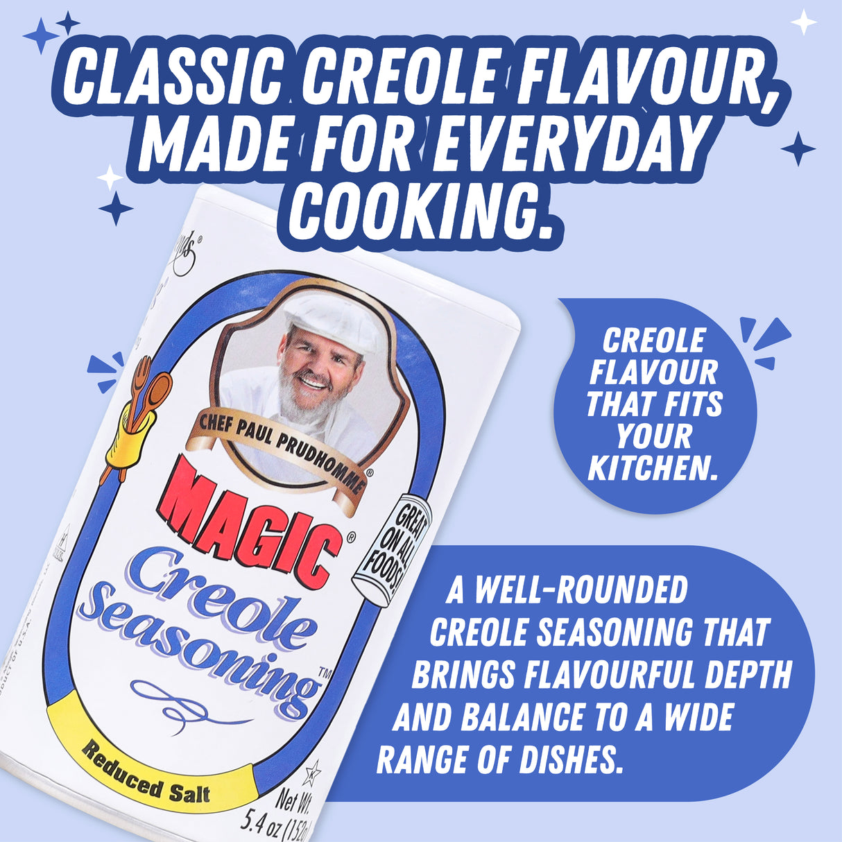 Chef Paul Prudhomme Magic Creole Seasoning – Reduced Sodium, 152g ( Authentic Creole Spice Blend | Bold Flavor with Less Salt | No MSG or Preservatives, Gluten Free)