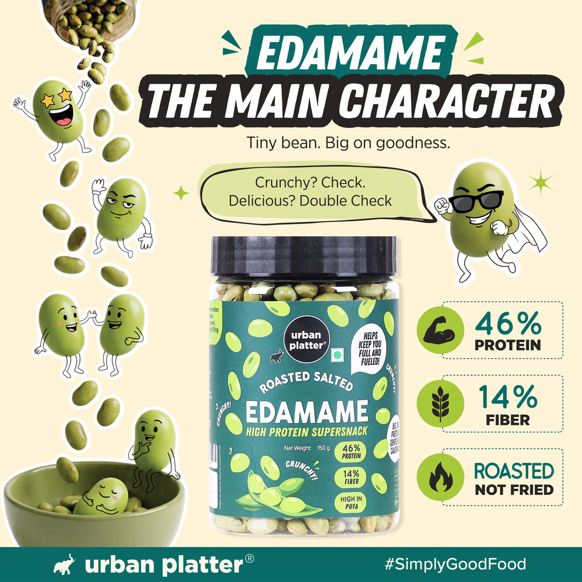 Roasted Salted Edamame (46% Protein, 14% Fiber, Lightly Salted Young Green Soybeans, Highest Plant Protein Supersnack)