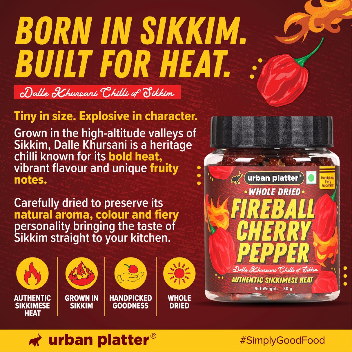 Fireball Cherry Pepper, 30g (Whole & Dried, Dalle Khursani Chilli of Sikkim, Hot & Fiery)
