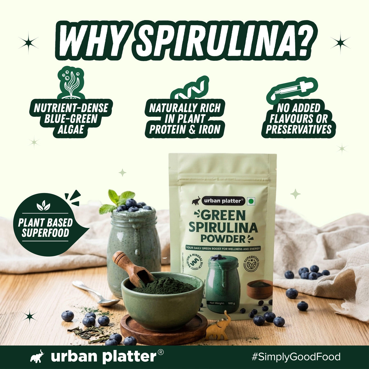 Pure Spirulina Powder, 100g (Naturally Nutrient-Dense | Supports Energy, Immunity & Detox | Rich in Protein & Iron)