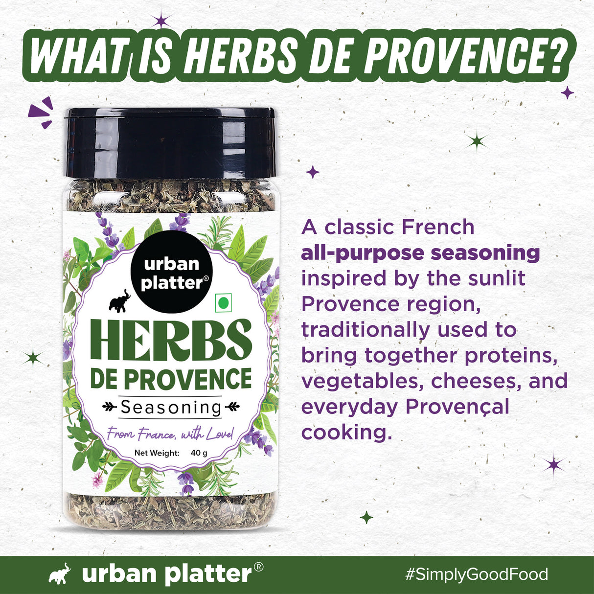 Urban Platter Herbs de Provence Seasoning, 40g (French-inspired, Jain-Friendly, Mesmerising blend of signature herbs)