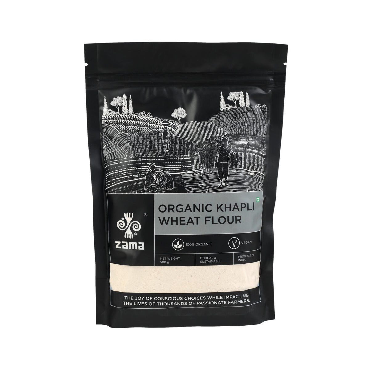 Zama Organic | Khapli Wheat Flour | 500g | Low Gluten | Plant protein | High dietary fibre for easy digestion | Use for making rotis, parathas, breads | Heirloom Wheat Variety with taste and texture similar to regular wheat flour
