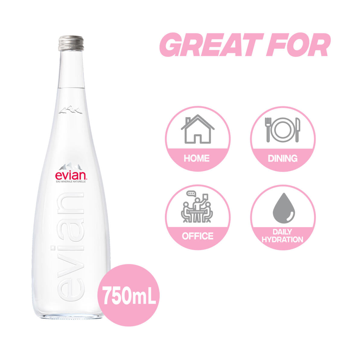 Evian Pure Natural Mineral Glass Water Bottle