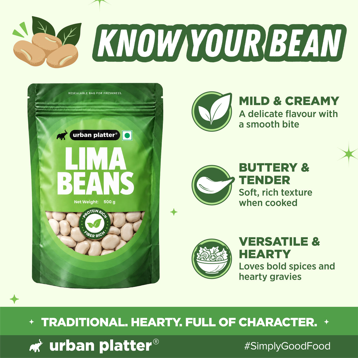 Lima Beans, 500g (Butter Beans | 20g Protein | 18g Fiber | Nourishing whole beans for Gravies, Curries, Bowls, & Salads)